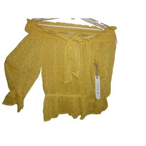 Story On Yellow Off Shoulder Smocked Top Sparkle Sheer Long Sleeve Blouse L